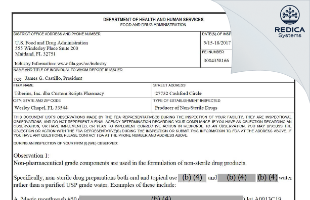 FDA 483 - Tiberius, Inc. [Wesley Chapel / United States of America] - Download PDF - Redica Systems
