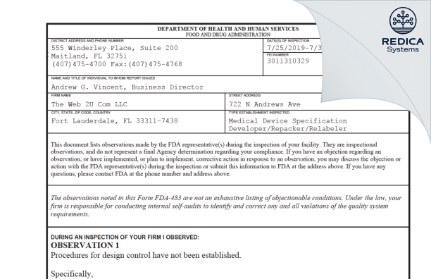 FDA 483 - THEWEB2U.COM, LLC [Fort Lauderdale / United States of America] - Download PDF - Redica Systems