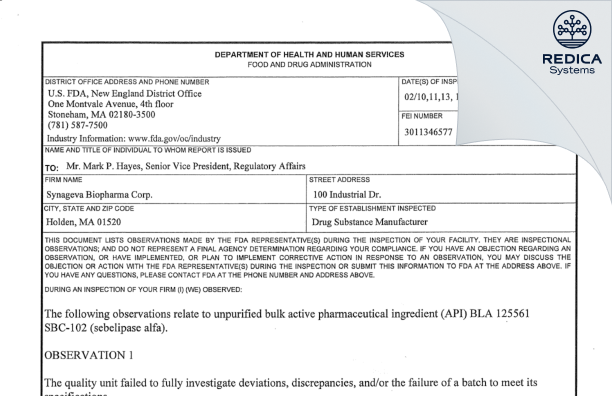 FDA 483 - Alexion Pharma LLC [Holden / United States of America] - Download PDF - Redica Systems