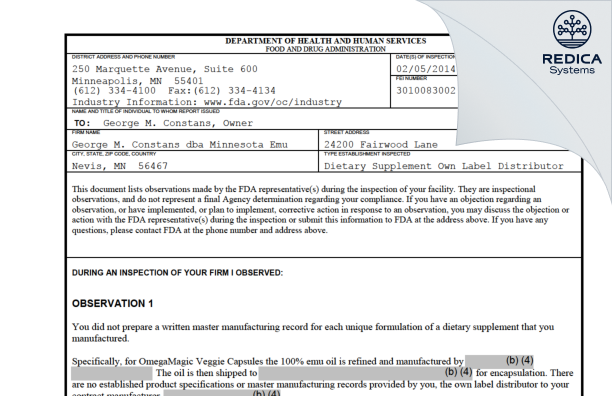 FDA 483 - MN Emu, LLC [Nevis / United States of America] - Download PDF - Redica Systems