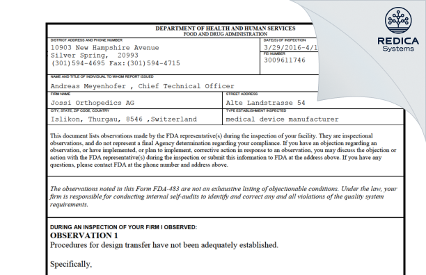 FDA 483 - Jossi Ag [Islikon / Switzerland] - Download PDF - Redica Systems