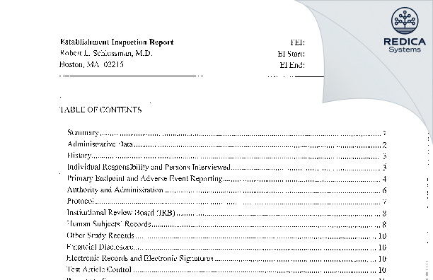 EIR - Robert L. Schlossman, M.D. [Boston / United States of America] - Download PDF - Redica Systems