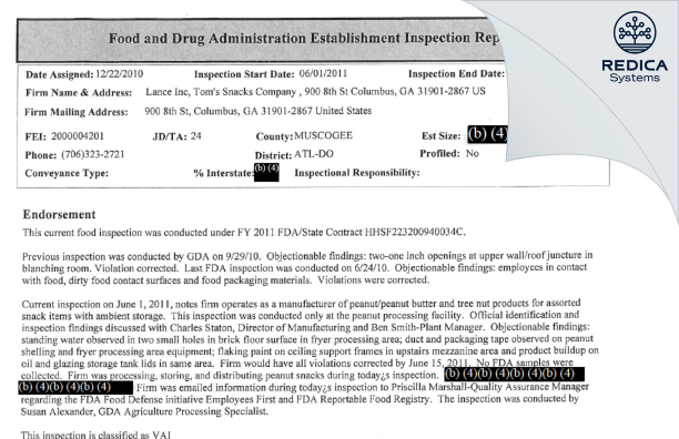 EIR - Snyder's- Lance Incorporated [Columbus / United States of America] - Download PDF - Redica Systems