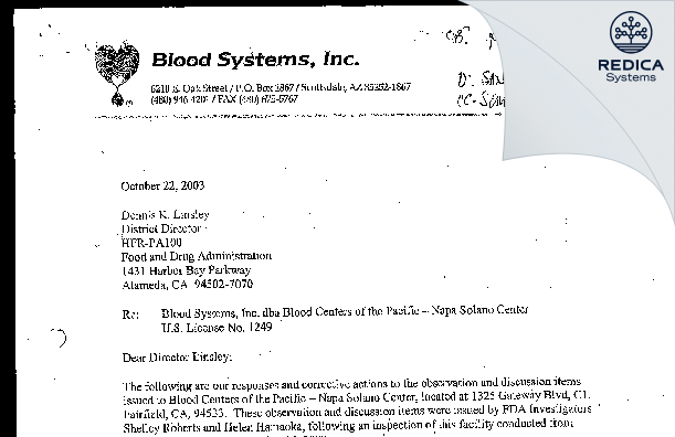 FDA 483 Response - Vitalant [Fairfield / United States of America] - Download PDF - Redica Systems