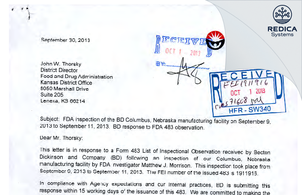 FDA 483 Response - Becton Dickinson And Company [Columbus / United States of America] - Download PDF - Redica Systems