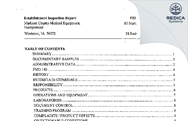 EIR - Madison County Medical Equipment Incorporated [Winterset / United States of America] - Download PDF - Redica Systems
