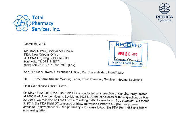FDA 483 Response - Total Pharmacy Services, Inc. [Houma / United States of America] - Download PDF - Redica Systems