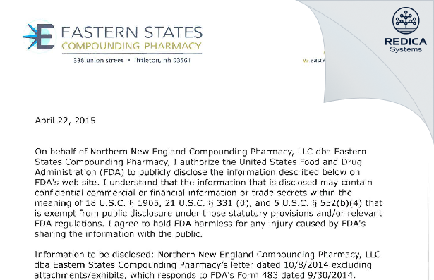FDA 483 Response - Northern New England Compounding Pharmacy LLC [Littleton / United States of America] - Download PDF - Redica Systems