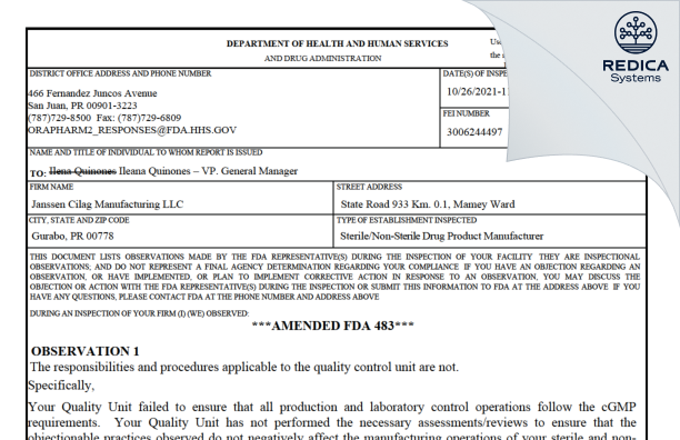 FDA 483 - Janssen-Cilag Manufacturing, LLC [Rico / United States of America] - Download PDF - Redica Systems