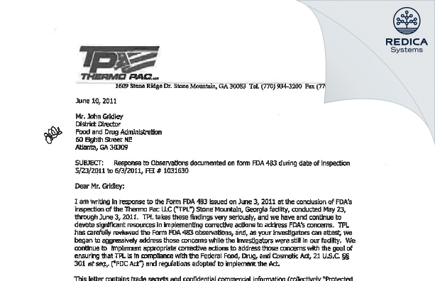FDA 483 Response - Thermo Pac LLC [Stone Mountain / United States of America] - Download PDF - Redica Systems