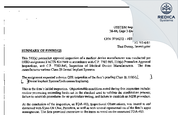 EIR - OSSTEM Co., Ltd. [Busan / -] - Download PDF - Redica Systems