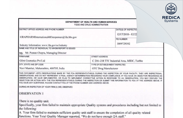 FDA 483 - Glint Cosmetics Pvt Ltd [Navi Mumbai / India] - Download PDF - Redica Systems