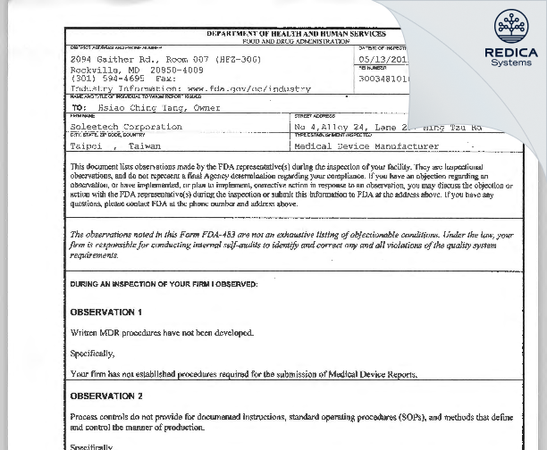 FDA 483 - Soleetech Corporation [Taipei / Taiwan] - Download PDF - Redica Systems