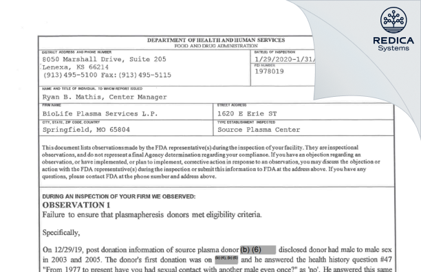 FDA 483 - BioLife Plasma Services LP [Springfield / United States of America] - Download PDF - Redica Systems