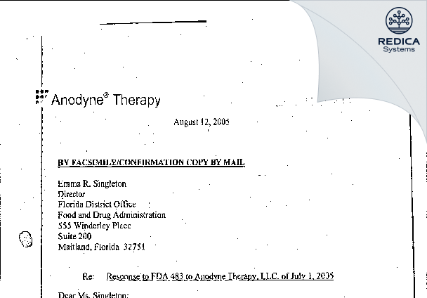 FDA 483 Response - Anodyne Therapy, LLC [Oldsmar / United States of America] - Download PDF - Redica Systems