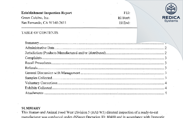 EIR - Green Cuisine, Inc. [San Fernando / United States of America] - Download PDF - Redica Systems