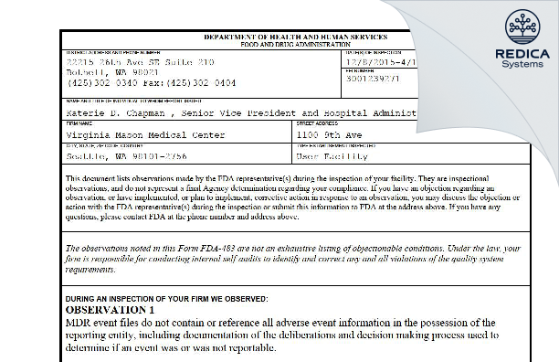 FDA 483 - Virginia Mason Medical Center [Seattle / United States of America] - Download PDF - Redica Systems