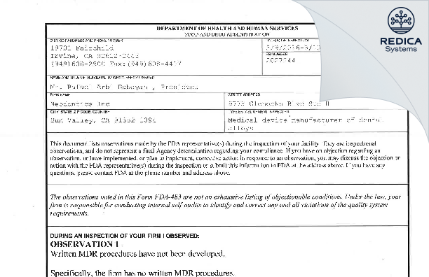 FDA 483 - Neodontics Inc [Sun Valley / United States of America] - Download PDF - Redica Systems
