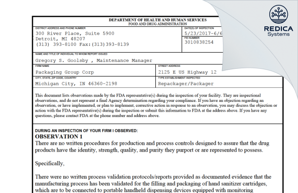 FDA 483 - Packaging Group Corp [Michigan City / United States of America] - Download PDF - Redica Systems