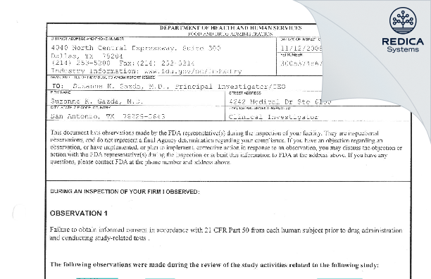 FDA 483 - Suzanne K. Gazda, M.D. [San Antonio / United States of America] - Download PDF - Redica Systems