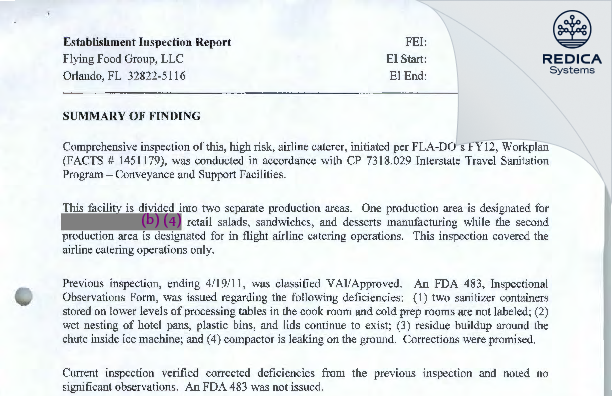 EIR - Flying Food Group, LLC [Orlando / United States of America] - Download PDF - Redica Systems