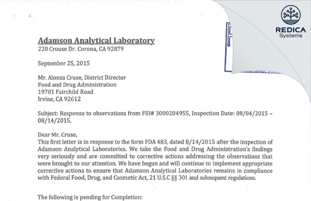 FDA 483 Response - ADAMSON ANALYTICAL LABORATORIES INC [California / United States of America] - Download PDF - Redica Systems