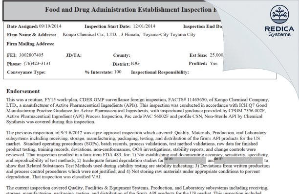 EIR - Kongo Chemical Co., Ltd. Head Plant [Toyama / Japan] - Download PDF - Redica Systems