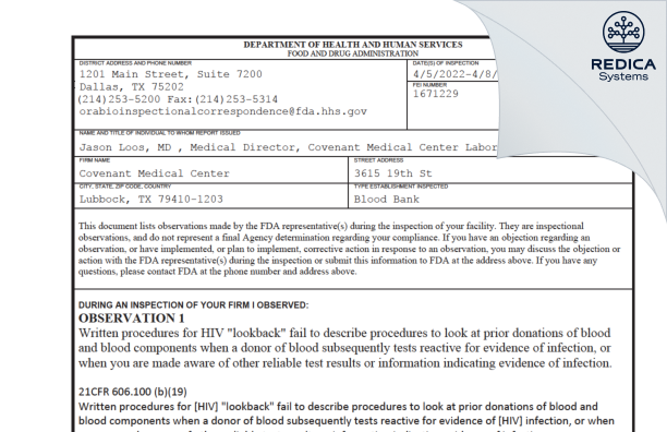 FDA 483 - Covenant Medical Center [Lubbock / United States of America] - Download PDF - Redica Systems