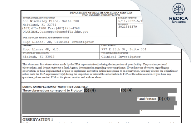 FDA 483 - Hugo Llanes JR, M.D. [Hialeah / United States of America] - Download PDF - Redica Systems