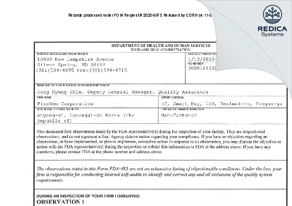 FDA 483 - PixxGen Corporation [- / -] - Download PDF - Redica Systems