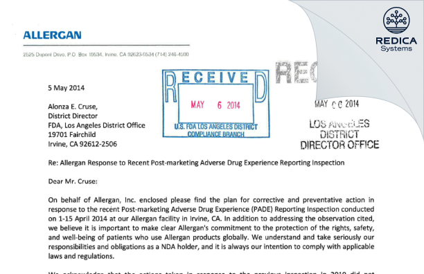 FDA 483 Response - Allergan Sales, LLC [Irvine / United States of America] - Download PDF - Redica Systems