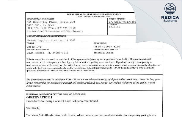 FDA 483 - Oscor Inc. [Palm Harbor / United States of America] - Download PDF - Redica Systems