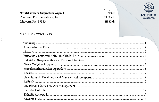 EIR - Auxilium Pharmaceuticals, Inc. [Horsham / United States of America] - Download PDF - Redica Systems