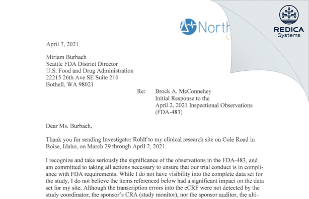 FDA 483 Response - Brock A. McConnehey, DO [Boise / United States of America] - Download PDF - Redica Systems