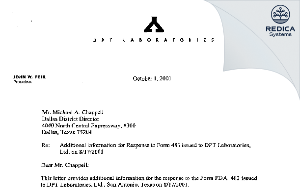 FDA 483 Response - DPT Laboratories, Ltd. [San Antonio Texas / United States of America] - Download PDF - Redica Systems