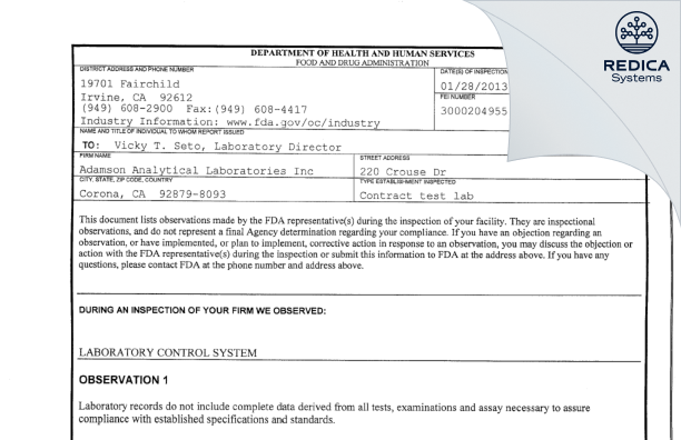 FDA 483 - ADAMSON ANALYTICAL LABORATORIES INC [California / United States of America] - Download PDF - Redica Systems
