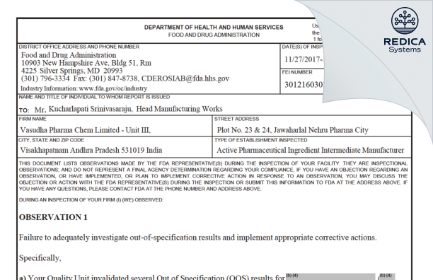 FDA 483 - Vasudha Pharma Chem Limited [India / India] - Download PDF - Redica Systems