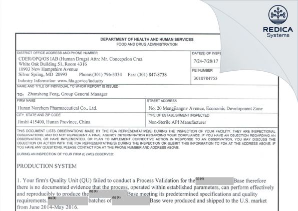 FDA 483 - Hunan Norchem Pharmaceutical Co. Ltd. [- / -] - Download PDF - Redica Systems