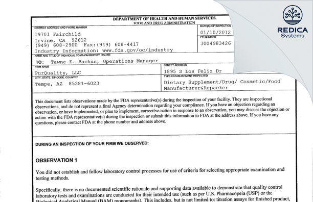 FDA 483 - PurQuality, LLC [Tempe / United States of America] - Download PDF - Redica Systems