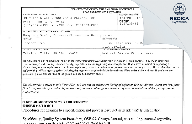 FDA 483 - Hiossen Inc. [Fairless Hills / United States of America] - Download PDF - Redica Systems