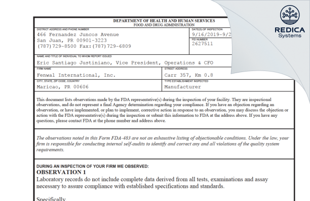FDA 483 - Fenwal International, Inc. [Rico / United States of America] - Download PDF - Redica Systems
