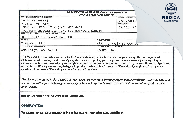 FDA 483 - Eisertech LLC [San Diego / United States of America] - Download PDF - Redica Systems