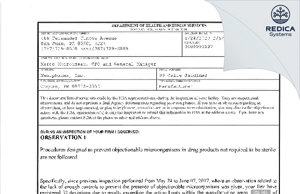 FDA 483 - NEOLPHARMA, INC. [Rico / United States of America] - Download PDF - Redica Systems