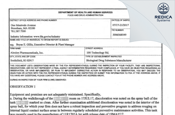 FDA 483 - Alexion Pharmaceuticals, Inc. [Smithfield / United States of America] - Download PDF - Redica Systems