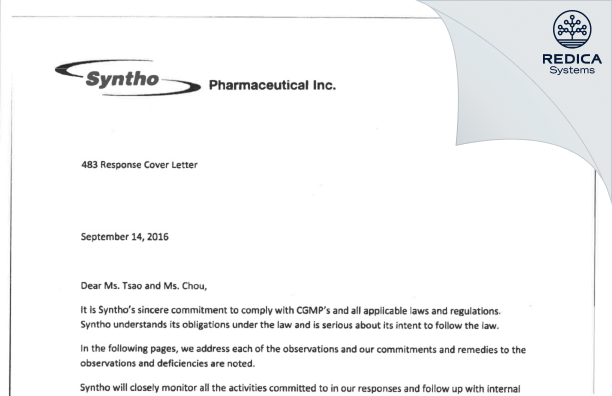 FDA 483 Response - Syntho Pharmaceuticals Inc. [New York / United States of America] - Download PDF - Redica Systems