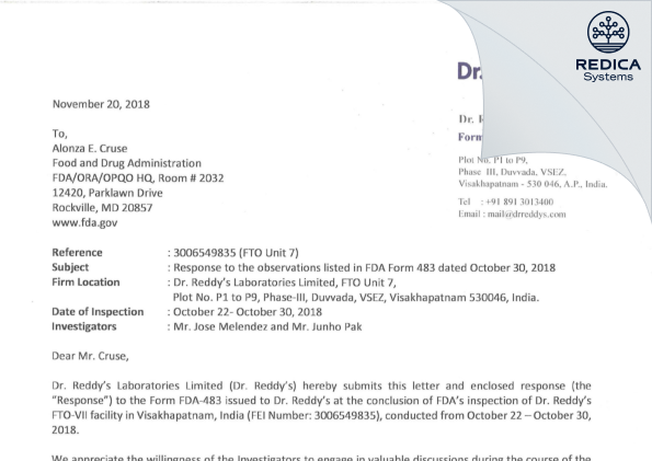FDA 483 Response - DR.REDDY'S LABORATORIES LIMITED [India / India] - Download PDF - Redica Systems