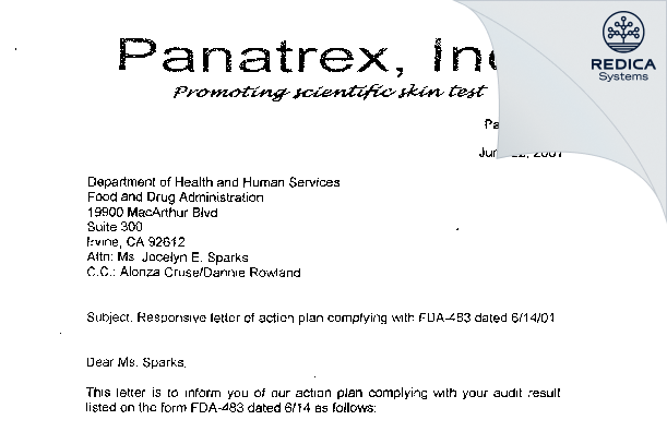 FDA 483 Response - Panatrex, Inc. [Placentia / United States of America] - Download PDF - Redica Systems