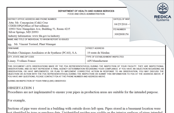 FDA 483 - PCAS [France / France] - Download PDF - Redica Systems