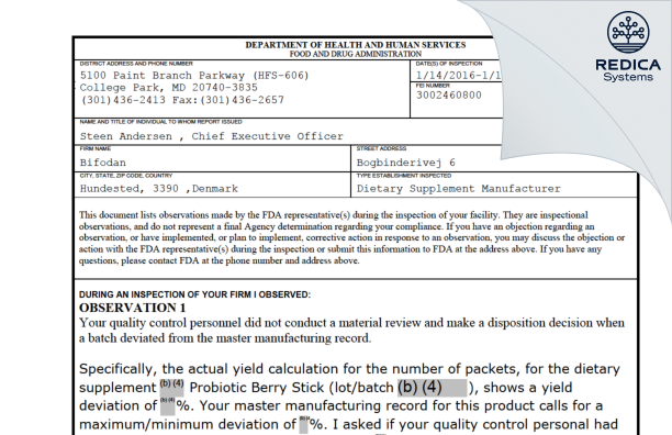 FDA 483 - Bifodan [Hundested / Denmark] - Download PDF - Redica Systems
