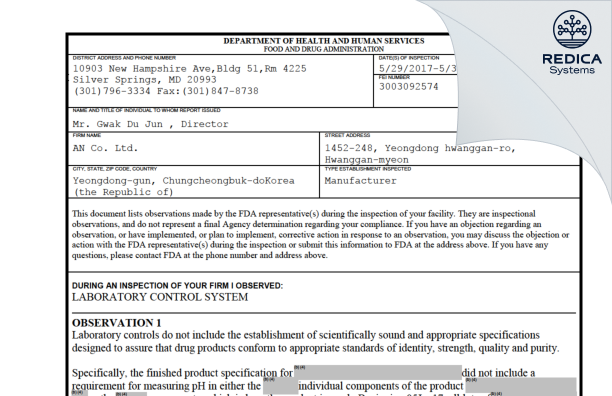 FDA 483 - AN Co Ltd. [Korea South / Korea (Republic of)] - Download PDF - Redica Systems